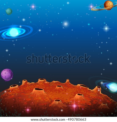 Space scene with many planets illustration