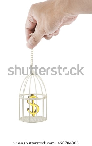 Man hand catch symbol dollar money in the white cage add clipping path