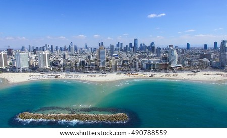 Tel Aviv skyline - Aerial photo Royalty-Free Stock Photo #490788559