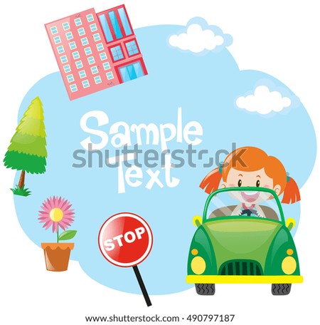 Paper template with girl in green car illustration