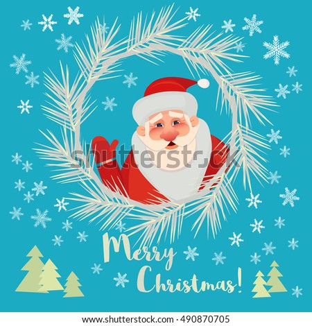 New Year concept. Happy holiday congratulation greeting card. Christmas wreath frame. Cute cartoon Santa Claus retro style. Season symbol. Design idea festive party background. Vector illustration