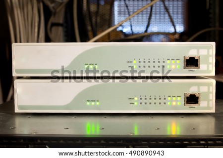  Network router with lights showing activity