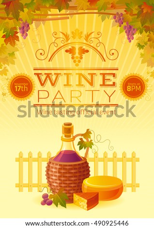 Wine party fall harvest festival poster. Vineyard autumn background. Winemaking farm symbols - alcohol bottle, cheese, grapes. Invitation banner design. European tradition, farming vector illustration