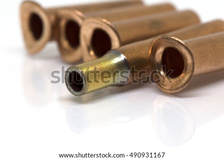 Copper connection pipe of Air-conditioner or Refrigerant system, bfore bazing or welding about Air-conditioner or Refrigerant system. Isolate photo on white background and selective focus.
