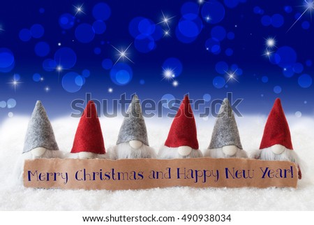Gnomes, Blue Background, Bokeh, Stars, Christmas And Happy New Year