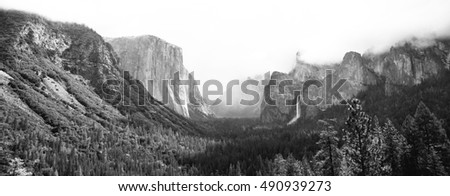 Panoramic View of Yosemite National Park from Tunnel View in Black and White
