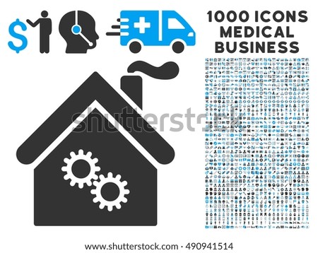 Factory Building icon with 1000 medical commerce gray and blue glyph design elements. Set style is flat bicolor symbols, white background.