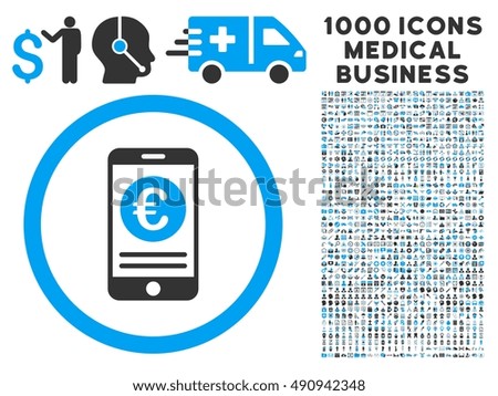 Euro Mobile Banking icon with 1000 medical commerce gray and blue glyph pictograms. Collection style is flat bicolor symbols, white background.