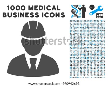 Engineer icon with 1000 medical business gray and blue glyph design elements. Clipart style is flat bicolor symbols, white background.