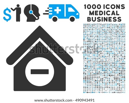 Deduct Building icon with 1000 medical commerce gray and blue glyph design elements. Set style is flat bicolor symbols, white background.