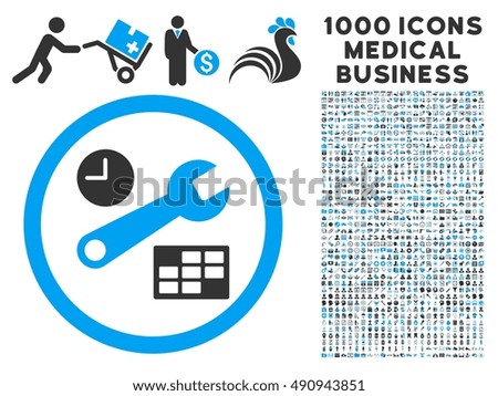 Date and Time Setup icon with 1000 medical commerce gray and blue glyph pictographs. Set style is flat bicolor symbols, white background.