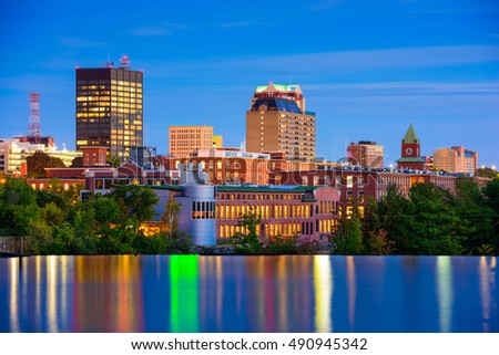 Manchester, New Hampshire, USA Skyline on the Merrimack River. Royalty-Free Stock Photo #490945342
