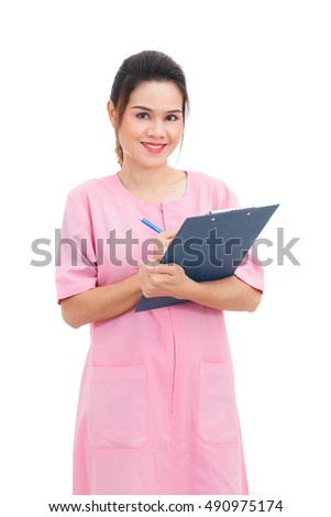 Asian smiling nurse holding clipboard isolated on white background
