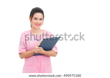 Asian smiling nurse holding clipboard isolated on white background