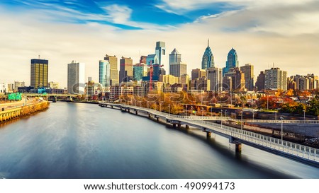 Panoramic picture of Philadelphia skyline and Schuylkill river, PA, USA. Royalty-Free Stock Photo #490994173
