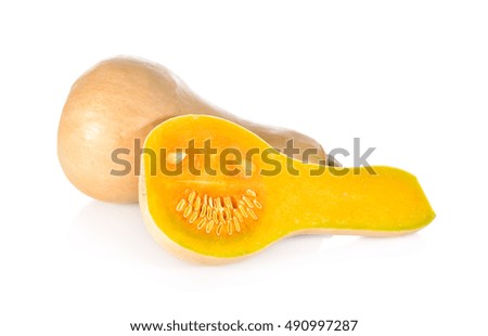 whole and half cut fresh squash butternut on white background