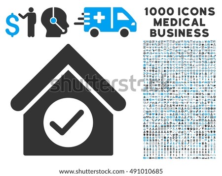 Check Building icon with 1000 medical commerce gray and blue glyph design elements. Collection style is flat bicolor symbols, white background.