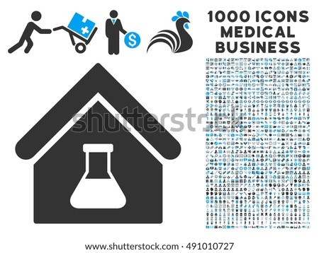 Chemical Labs Building icon with 1000 medical commerce gray and blue glyph pictographs. Clipart style is flat bicolor symbols, white background.