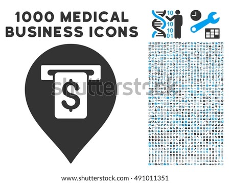 Cash Machine Pointer icon with 1000 medical commercial gray and blue glyph pictographs. Clipart style is flat bicolor symbols, white background.