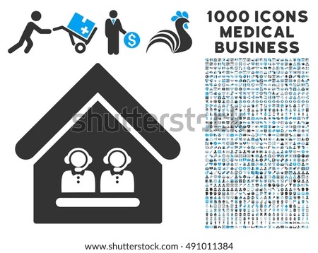 Call Center Office icon with 1000 medical business gray and blue glyph pictographs. Collection style is flat bicolor symbols, white background.