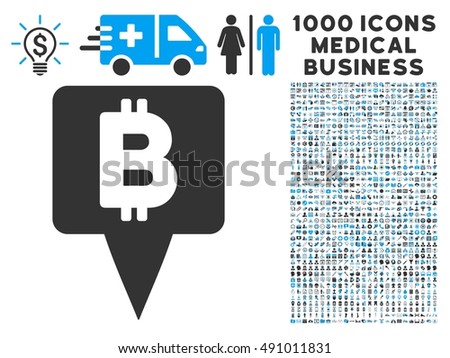 Bitcoin Map Pointer icon with 1000 medical commerce gray and blue glyph pictograms. Set style is flat bicolor symbols, white background.