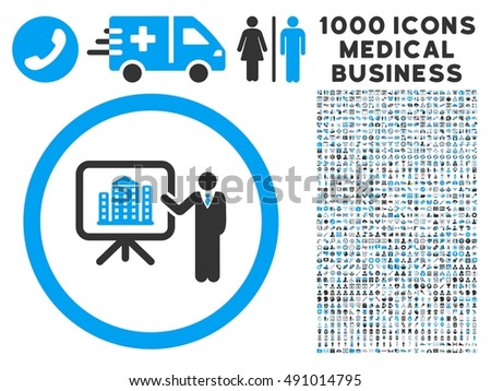 Architecture Presentation icon with 1000 medical business gray and blue glyph pictographs. Design style is flat bicolor symbols, white background.