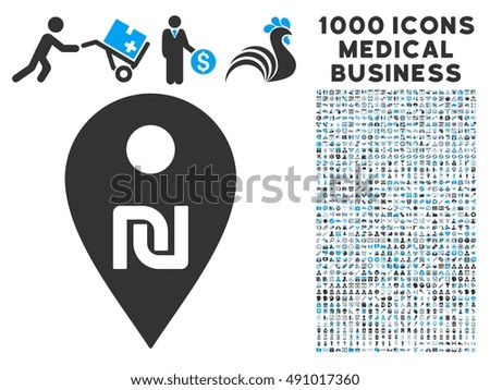Shekel Map Marker icon with 1000 medical commercial gray and blue vector design elements. Set style is flat bicolor symbols, white background.