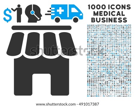 Shop Building icon with 1000 medical business gray and blue vector pictograms. Collection style is flat bicolor symbols, white background.