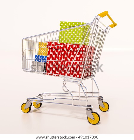 Happy New Year! Merry Christmas! Choosing a Christmas or New Year Gift,  Closeup Of A Shopping Cart With Gifts, Family Christmas Shopping, Christmas Tree Presents In Shopping Basket, Christmas Sale