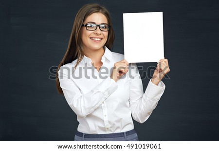 smiling business woman holding advertising board. eyeglasses wearing girl.