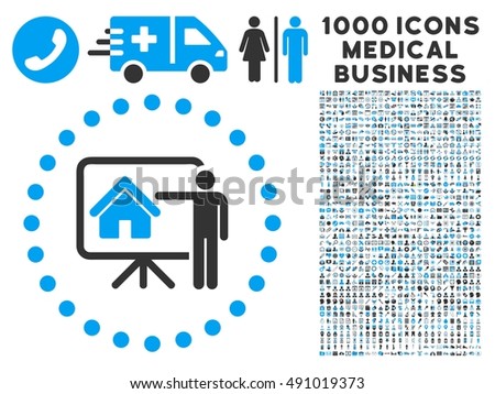 Realtor Presentation icon with 1000 medical commercial gray and blue vector pictograms. Collection style is flat bicolor symbols, white background.