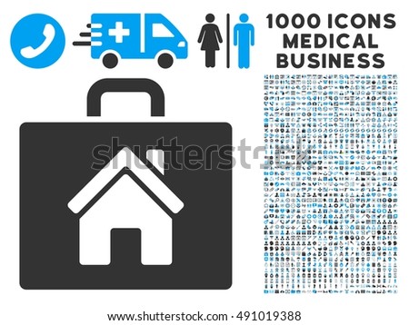 Realty Case icon with 1000 medical commercial gray and blue vector design elements. Set style is flat bicolor symbols, white background.