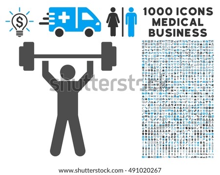 Power Lifting icon with 1000 medical commerce gray and blue vector pictograms. Set style is flat bicolor symbols, white background.