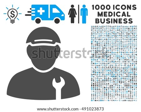 Mechanic icon with 1000 medical commerce gray and blue vector pictograms. Set style is flat bicolor symbols, white background.