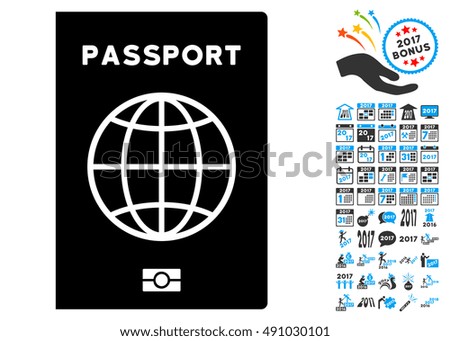 Passport icon with 2017 year bonus vector design elements. Clipart style is flat symbols, white background.