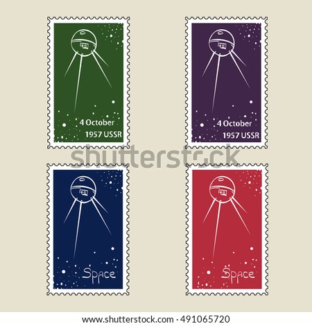 Retro cosmos stamps. Set of vector postage stamps. USSR. Set of sputnik.