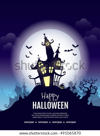 Vector Happy Halloween poster with  creepy castle, pumpkin  and  cemetery. Perfect for greeting card, flyer, banner, poster templates and invitations. Vector night background.