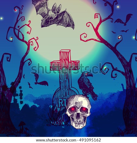 happy halloween illustration. Terrible 
night landscape with skull,cemetery, tree and moon. 