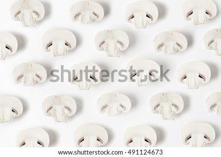 Cultured mushrooms on white background. Seasonal vegetables in hipster style pattern