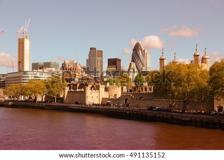 Filtered photo of London, United Kingdom - cityscape with famous Tower fortress