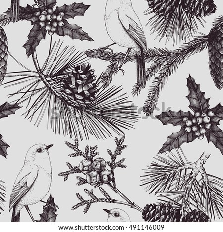 Seamless Pattern. Vintage background with hand drawn conifer trees and bird. Vector winter design for Christmas or New Year celebration