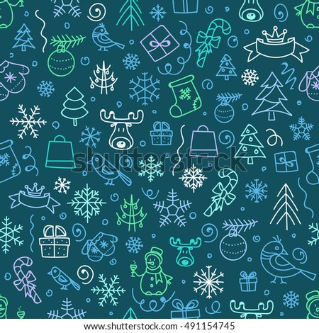 Christmas season vector seamless pattern. Xmas hand-drawn color elements