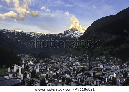 Aerial View on Zermatt Valley and Matterhorn Peak in the Morning, Switzerland