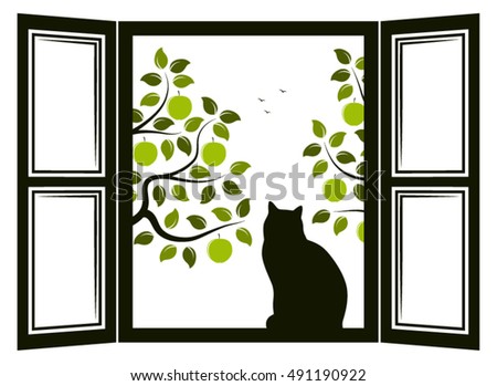 vector cat in the window and apple trees outside the window