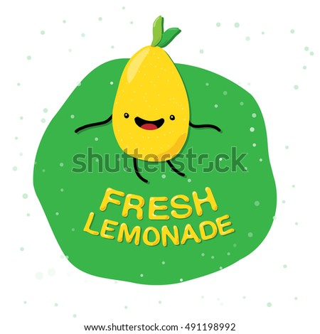 Cute and funny lemon cartoon character on green background with dots and lettering phrase fresh lemonade. Printable card template. Modern calligraphy. Cute words and phrases. Ready-to print.
