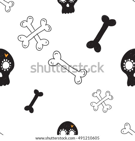 Halloween seamless pattern with crossbones, white bone, black bone, black mexican skull. Beautiful vector background for decoration halloween designs. Cute minimalistic art elements on white backdrop.