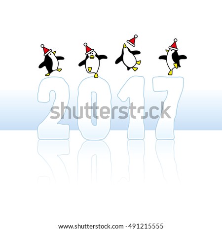 Four Happy Santa Penguins Dancing on top of Year 2017 made in Ice
