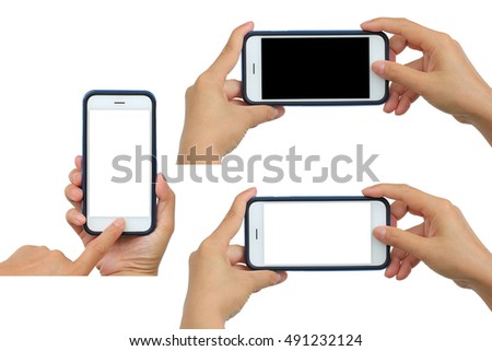 hand hold white modern smart phone similar to smart phone style show screen display isolated set