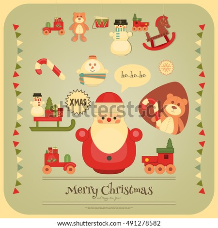 Merry Christmas and Happy New Year Card in Retro Style. Vintage Toys Collection - Wooden Xmas Santa Claus, Snowman, Train, Bear. Vector Illustration.