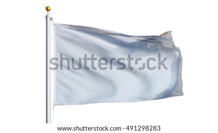 Empty white clear flag waving on white background, close up, isolated with clipping path mask alpha channel transparency